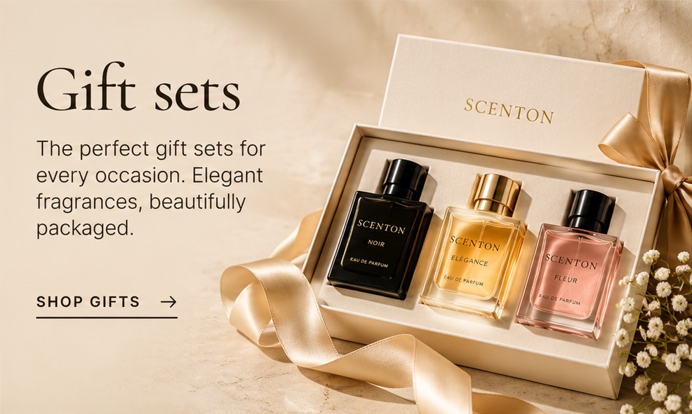 Gift sets: a cream gift box with ribbon holding Scenton Noir, Élégance and Fleur